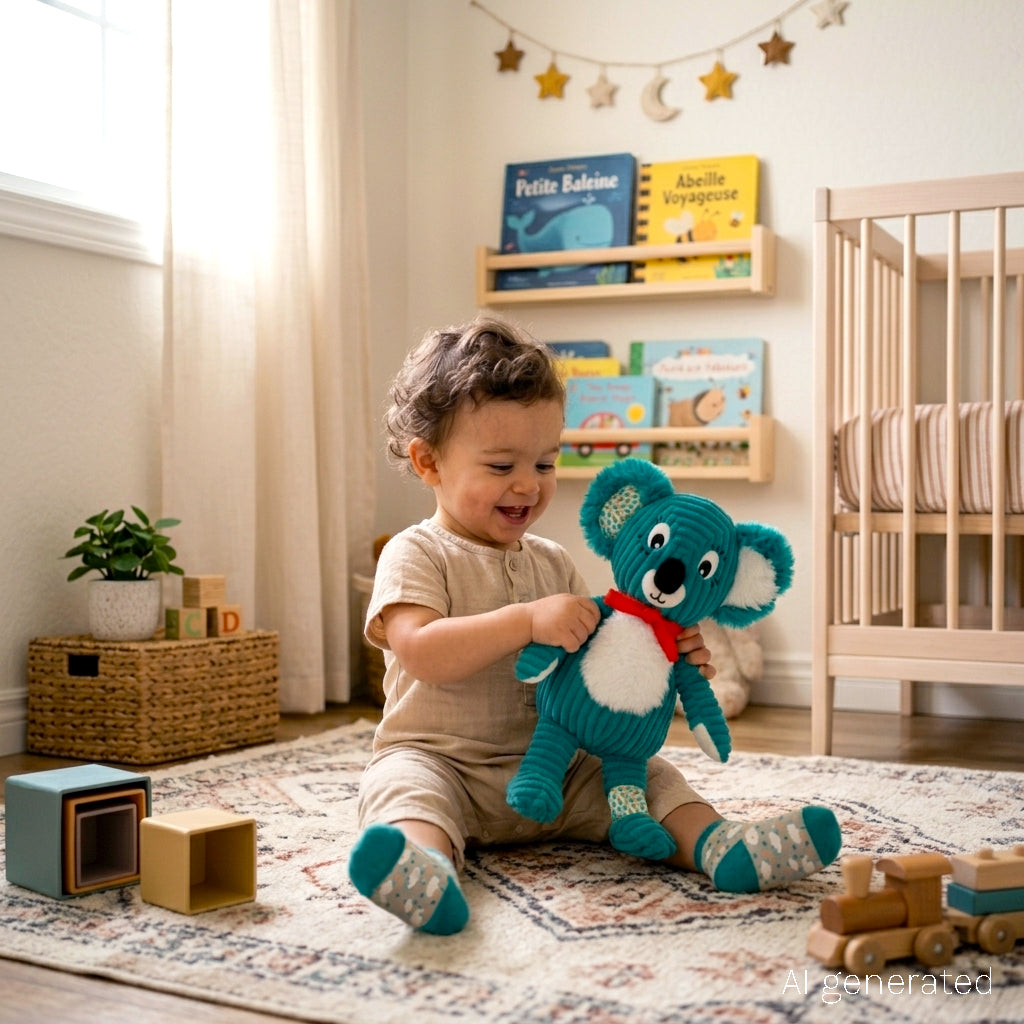 Peluche Original Berlingos le koala - Visuel d'ambiance d'un bébé de 1 an jouant avec la peluche dans sa chambre - Les Déglingos
