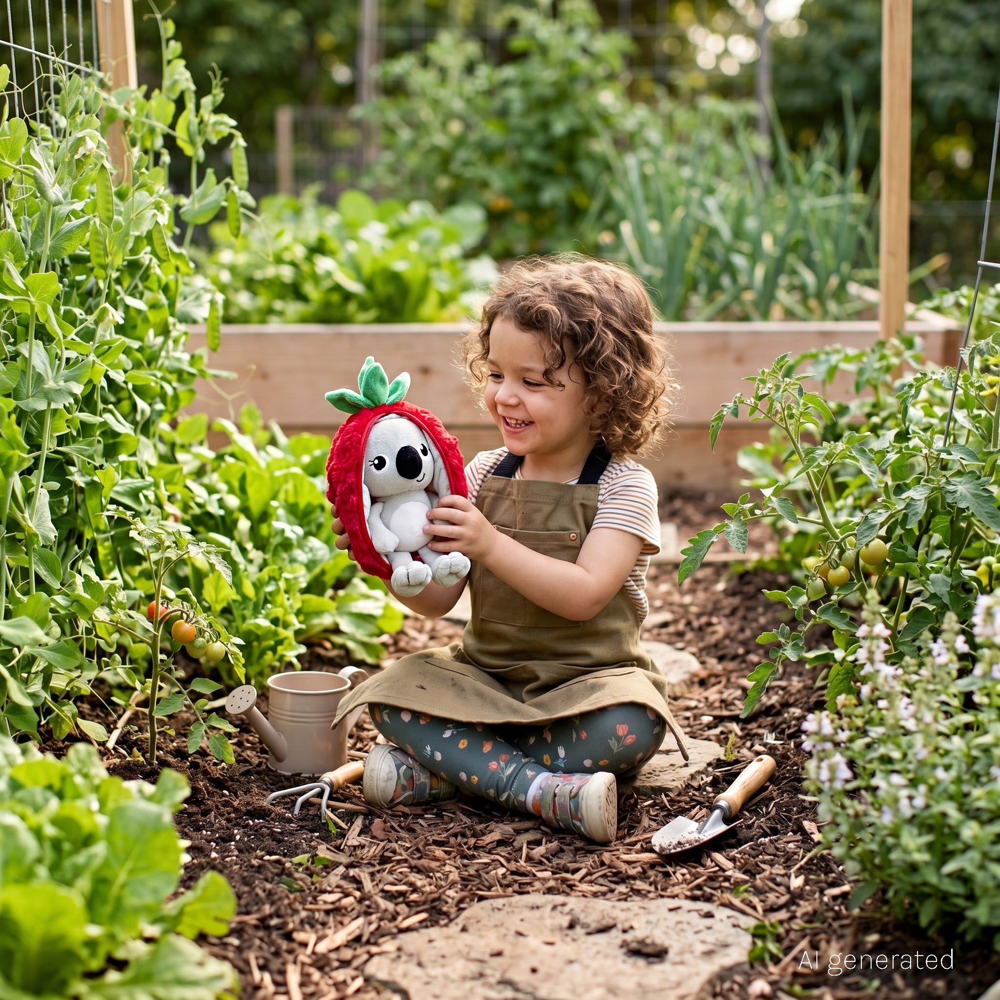 Peluche Tartlet le koala/framboise - visuel d'ambiance d'une petite fille jouant avec sa peluche koala/framboise dans un potager - Flipetz
