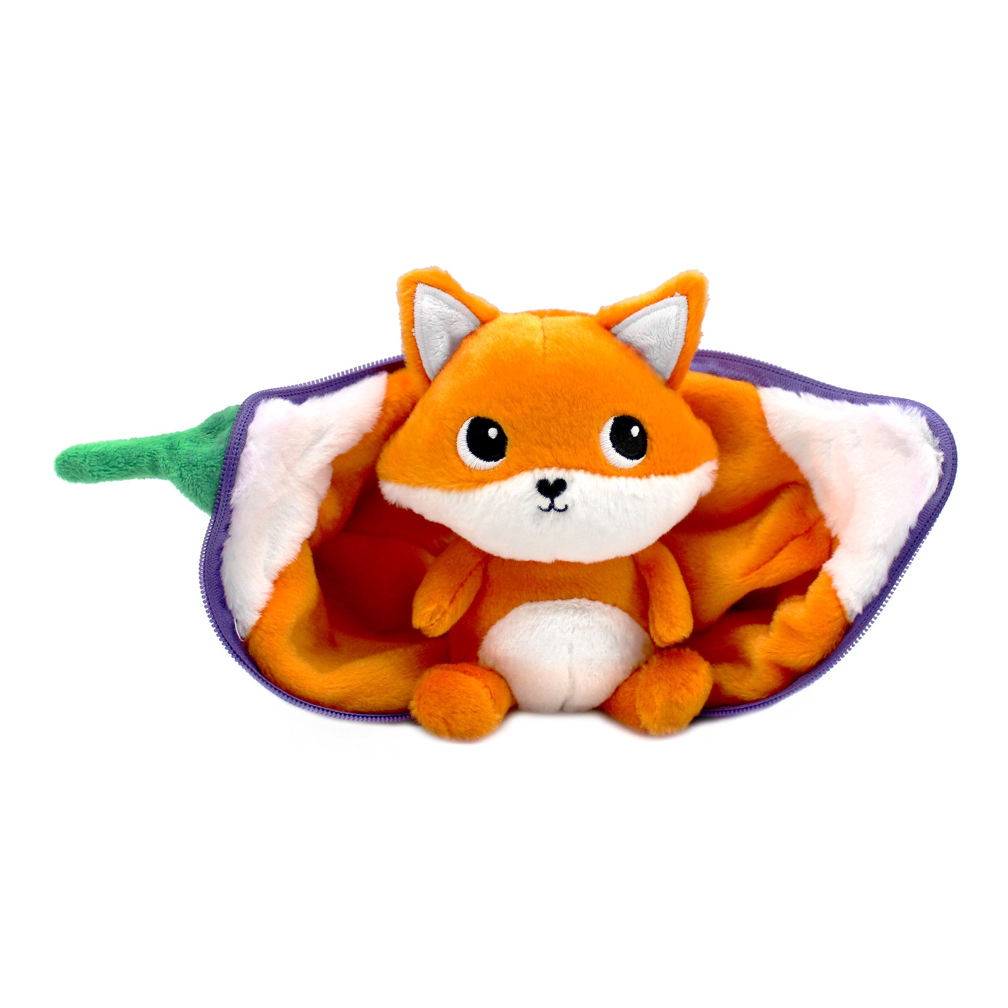 Peluche Russet le renard/figue - vue de face de la figue ouverte dévoilant le renard roux - Flipetz