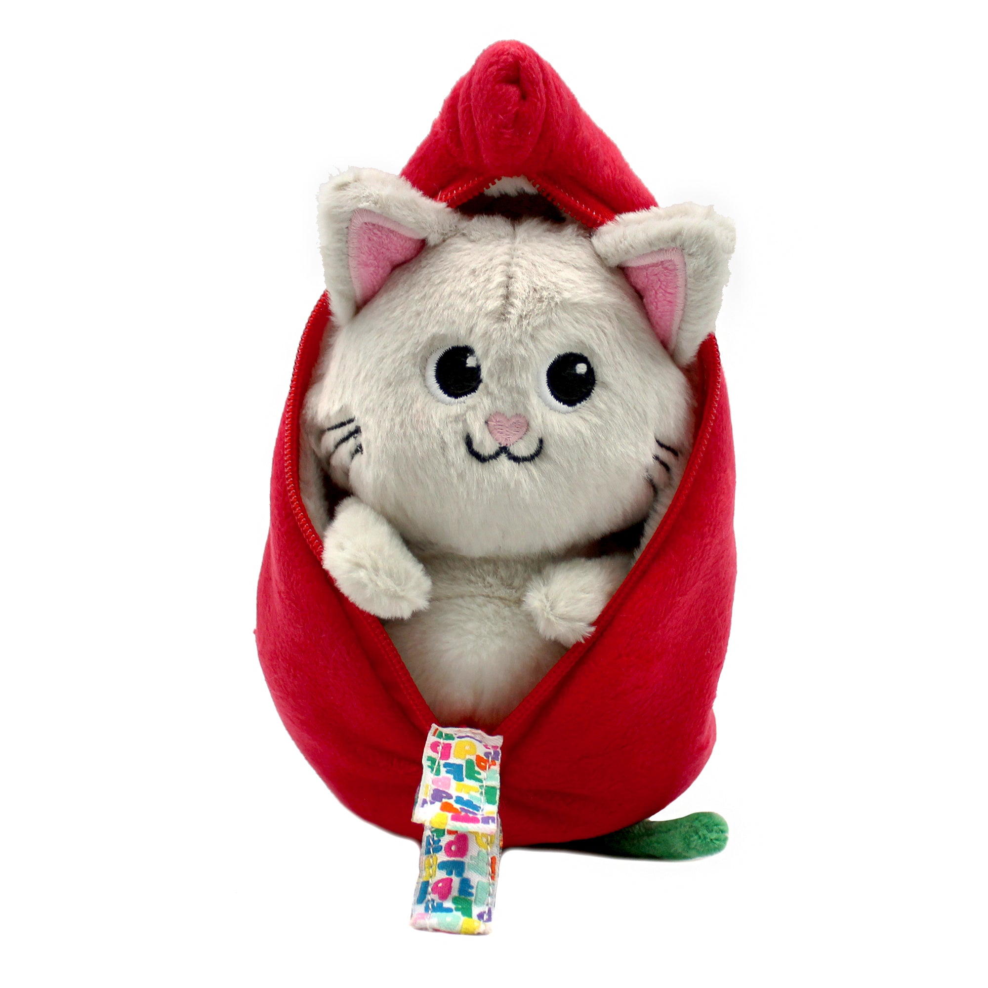 Peluche Spicet le chat/piment - Vue du piment ouvert dévoilant le chat gris - Flipetz