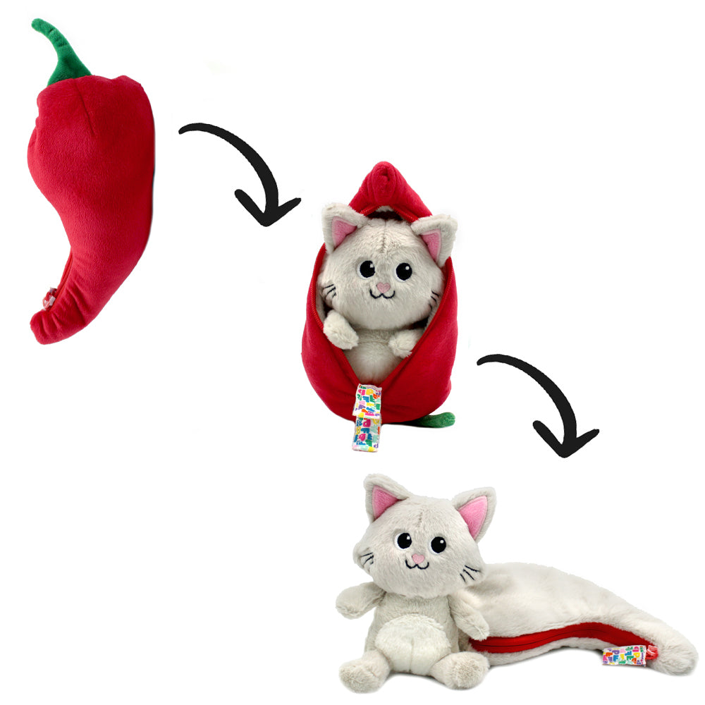 Peluche Spicet le chat/piment - Montage du piment rouge qui se transforme en chat gris - Flipetz