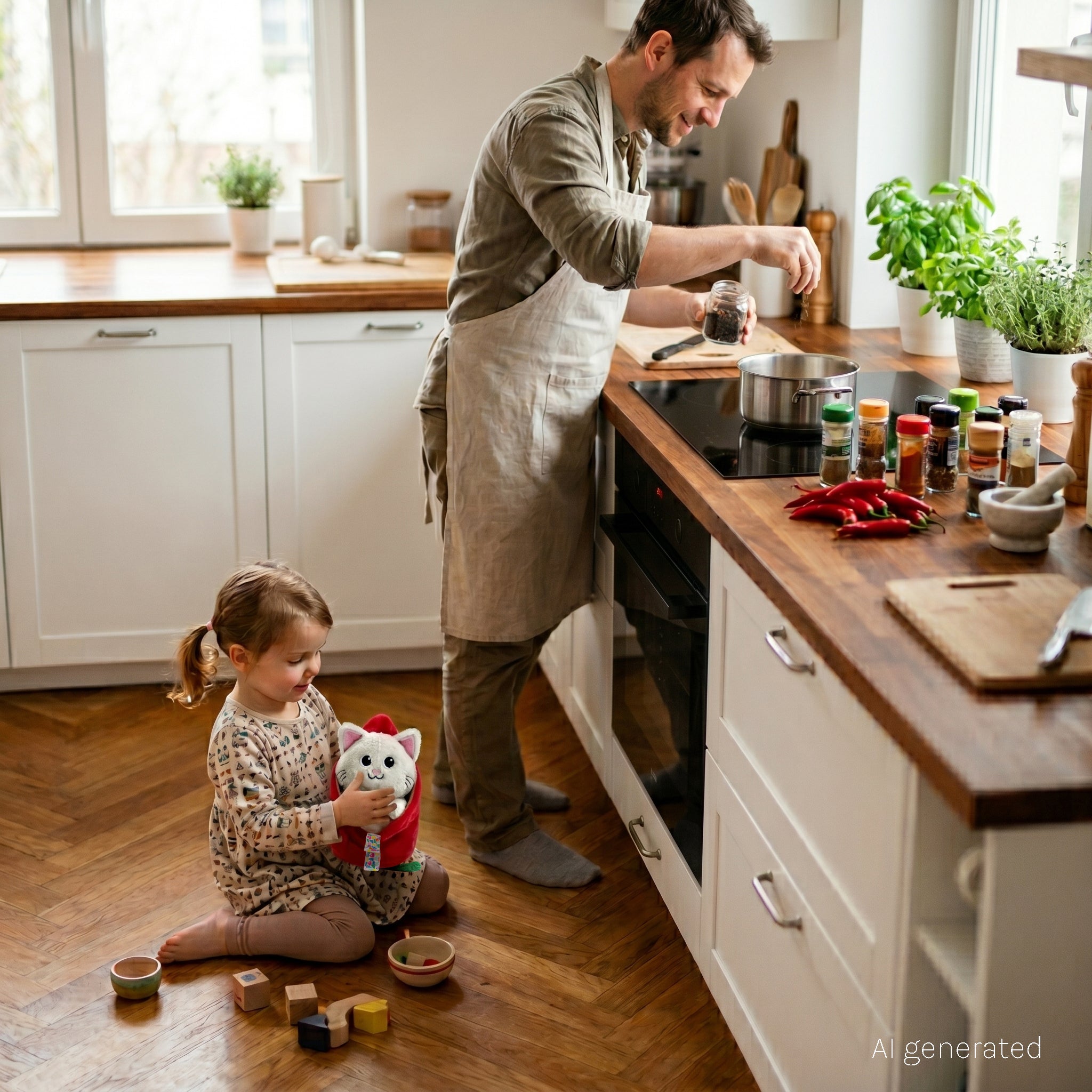 Peluche Spicet le chat/piment - visuel d'ambiance d'une petite fille jouant avec son chat-piment dans une cuisine, pendant que son père cuisine - Flipetz