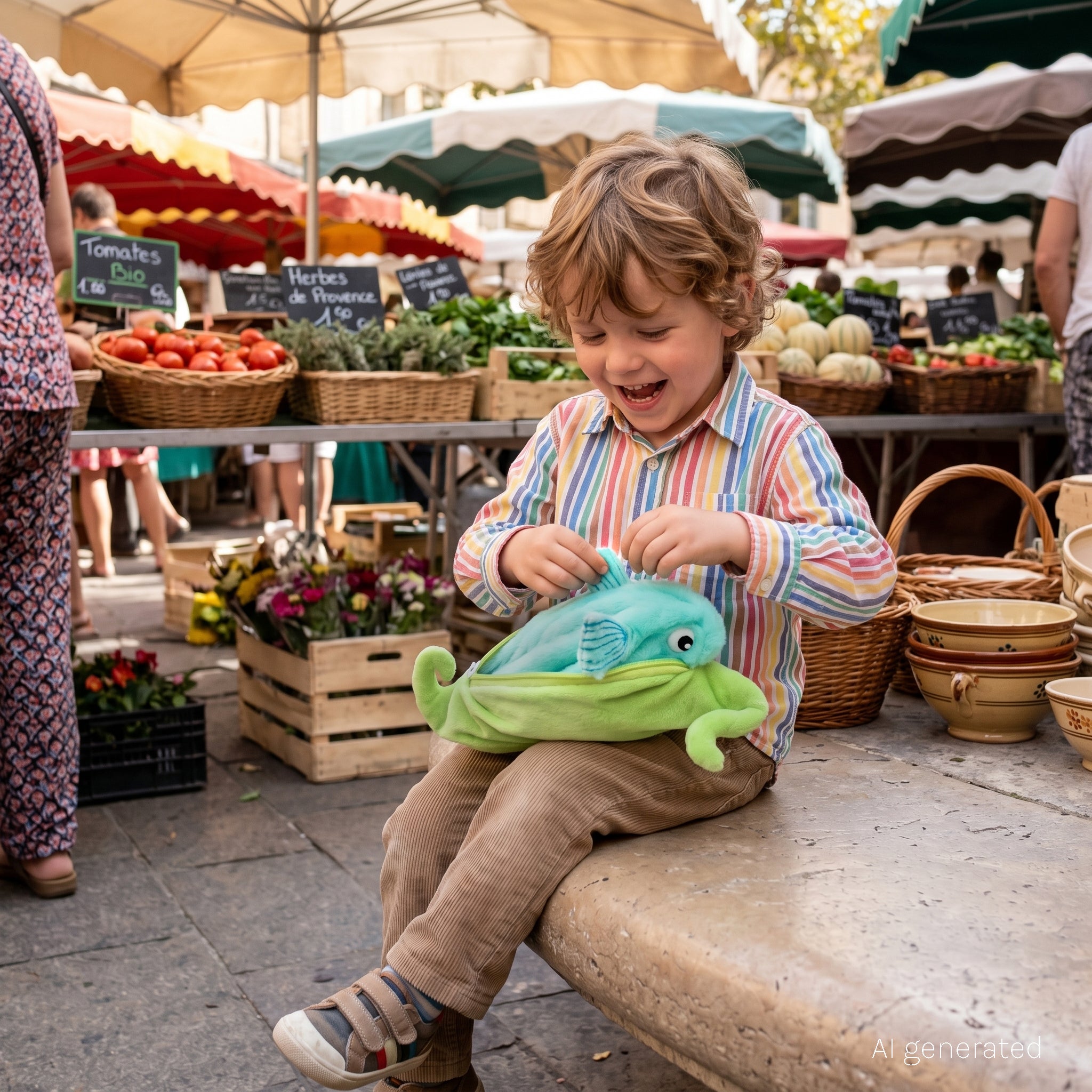 Peluche Bubblet le poisson/pois - visuel d'ambiance d'un enfant en train de jouer avec la peluche pois/poisson sur un marché - Flipetz