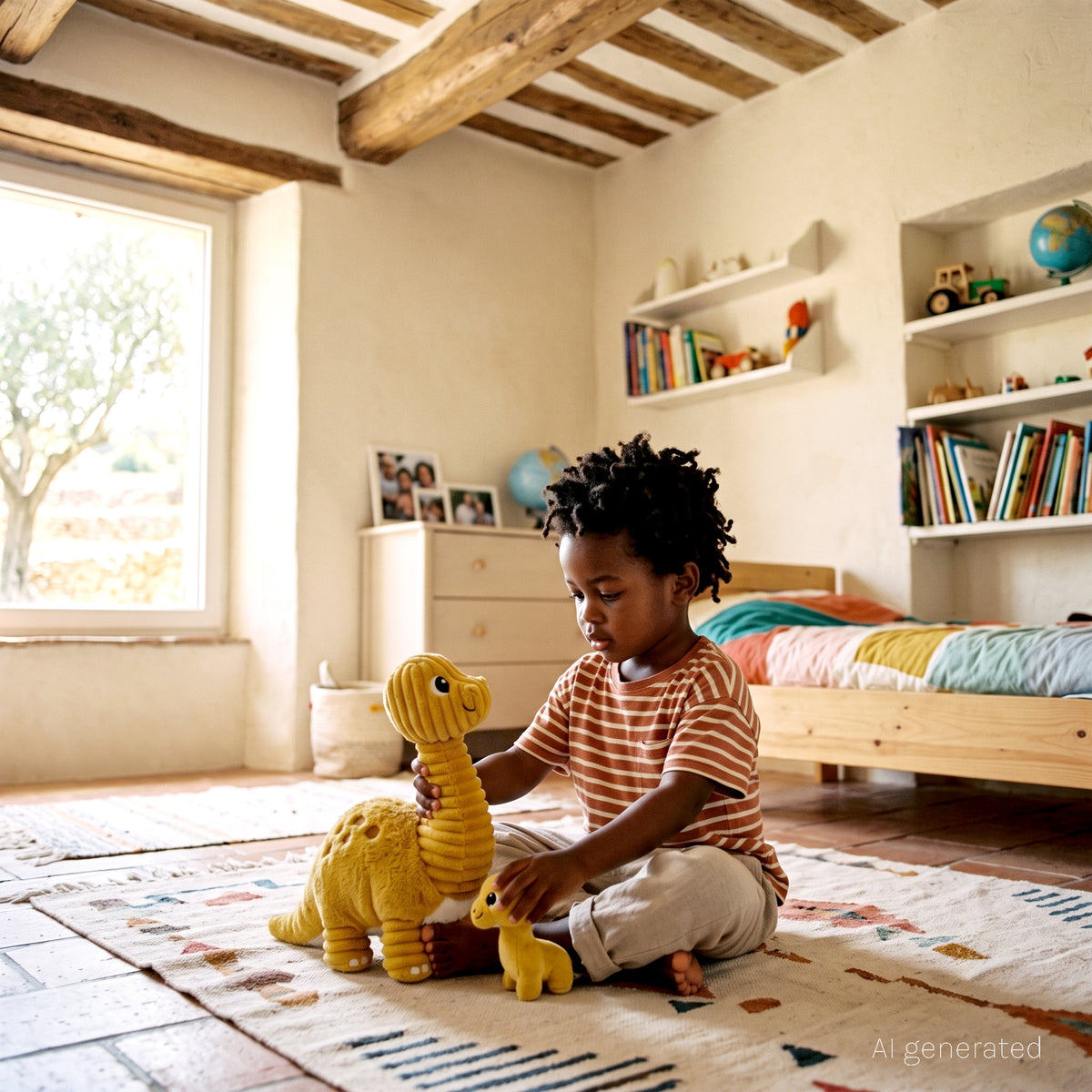 Peluche Marcus le diplodocus maman et son bébé jaune moutarde - visuel d'ambiance d'un enfant en train de jouer avec la peluche dino dans sa chambre - Les Ptipotos