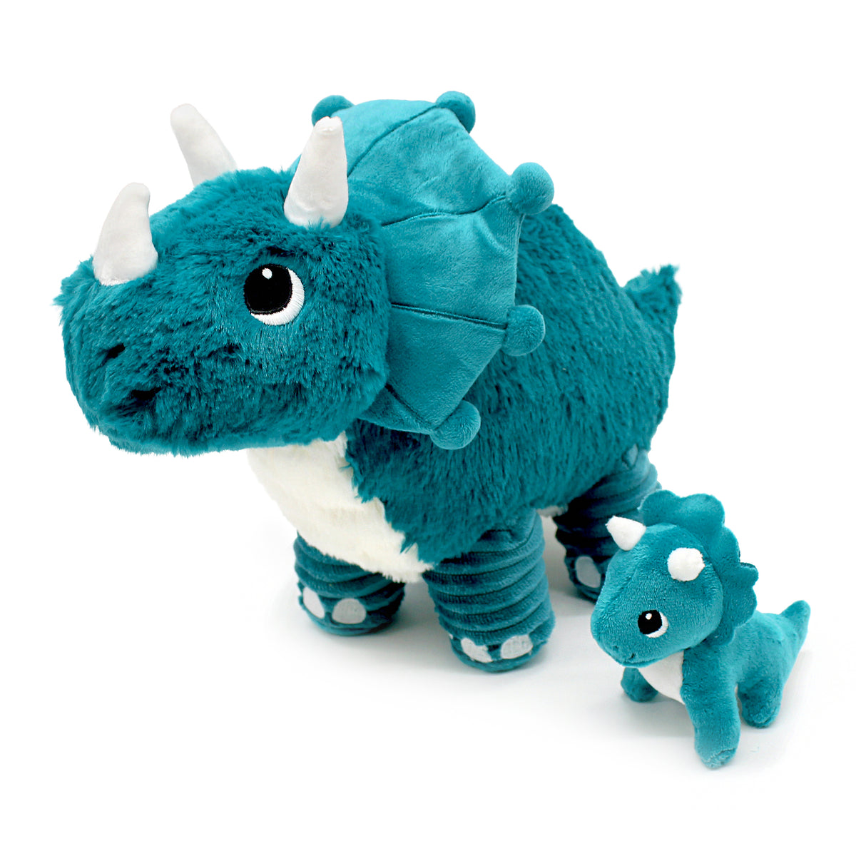 Peluche Penelops le tricératops maman et son bébé bleu paon - vue de profil de la peluche maman et de son bébé - Les Ptipotos