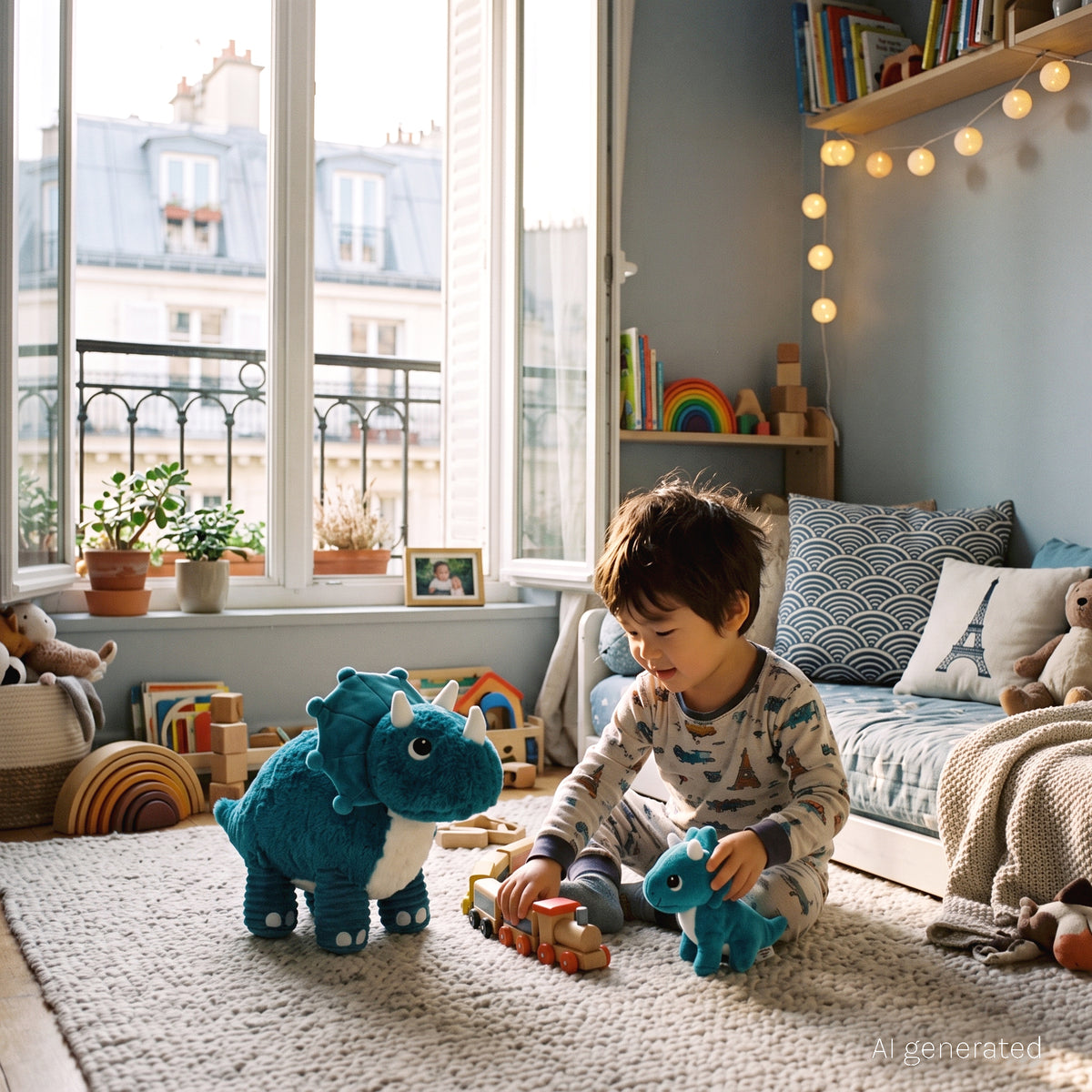 Peluche Penelops le tricératops maman et son bébé bleu paon - vue d'ambiance d'un petit garçon jouant dans sa chambre avec la peluche tricératops - Les Ptipotos