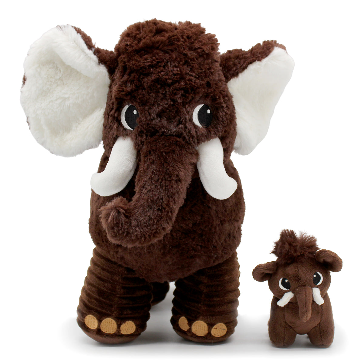 Peluche mammouth Papouth papa et son bébé marron chocolat - visuel de face du mammouth papa et son bébé - Les Ptipotos