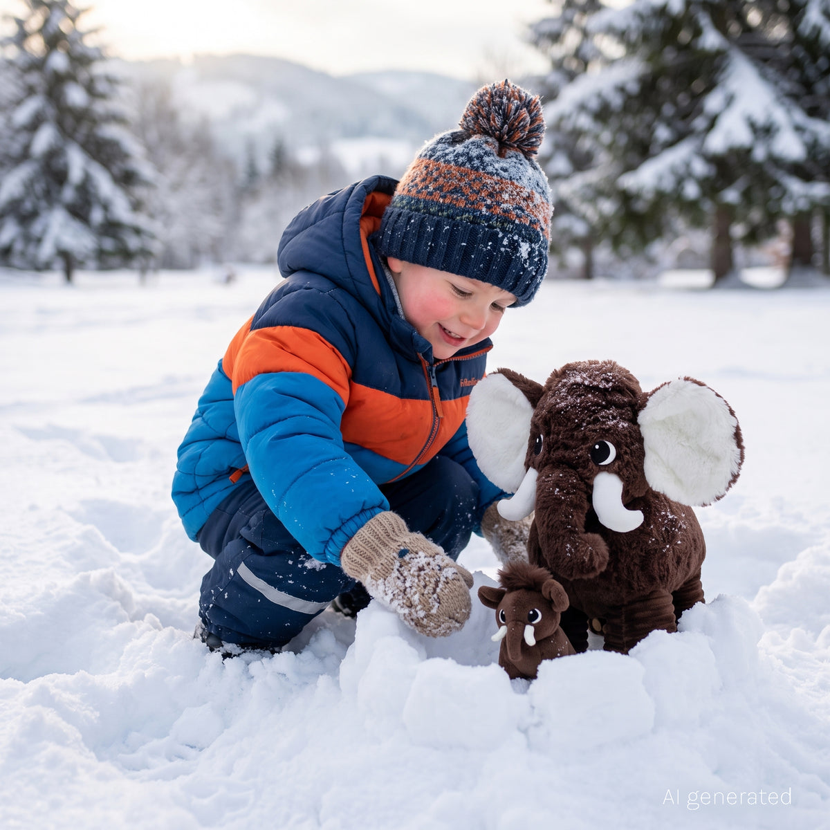 Peluche mammouth Papouth papa et son bébé marron chocolat - visuel d'ambiance d'un petit garçon jouant dans la neige avec sa peluche mammouth - Les Ptipotos
