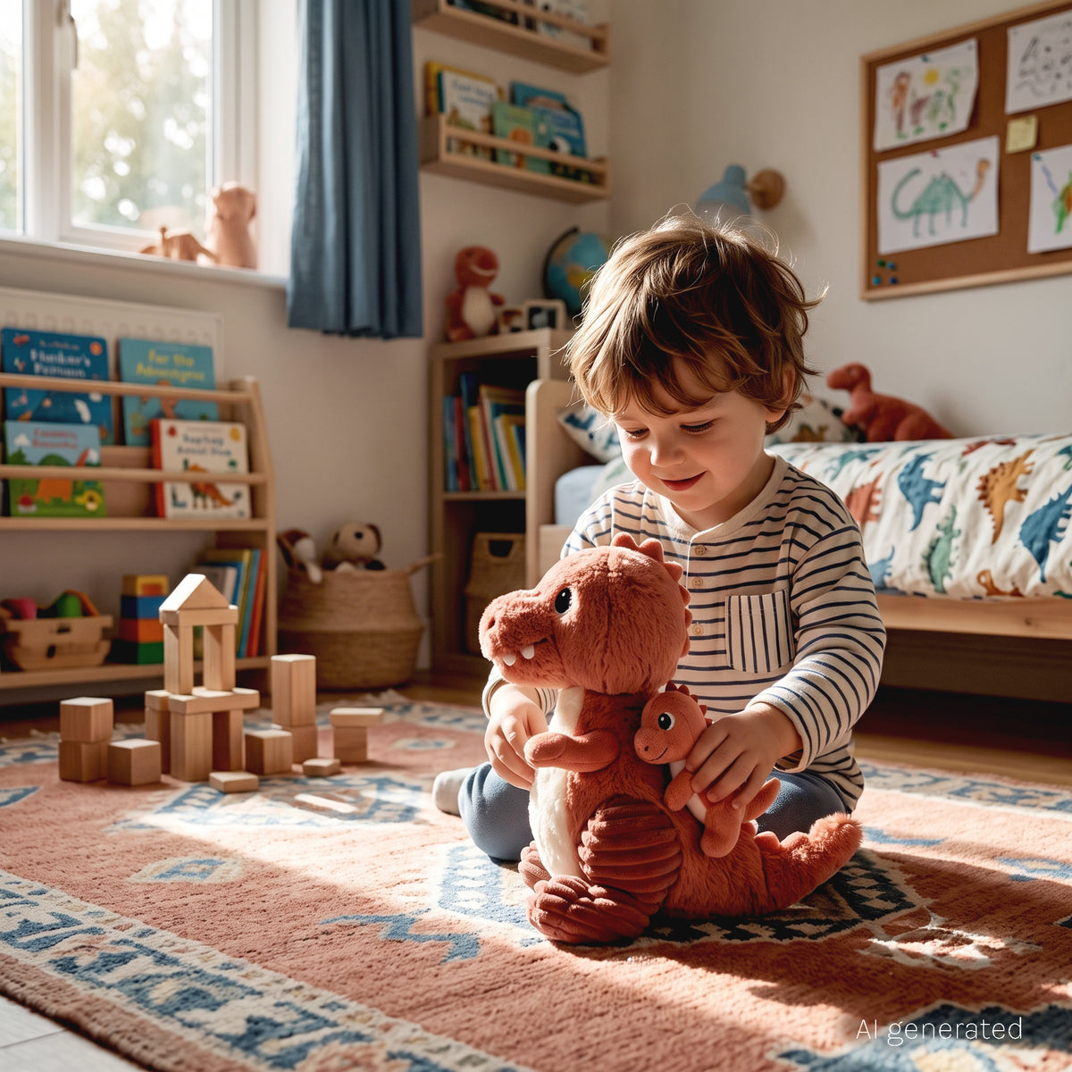 Peluche Alex le T-rex maman et son bébé terracotta - visuel d'ambiance d'un enfant jouant avec le dinosaure dans sa chambre - Les Ptipotos