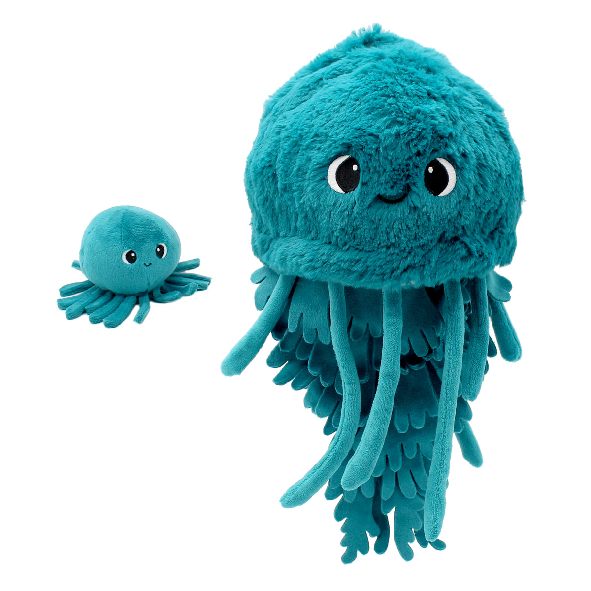 Peluche méduse Lilou maman et son bébé bleu paon - vue de face avec le bébé - Les Ptipotos