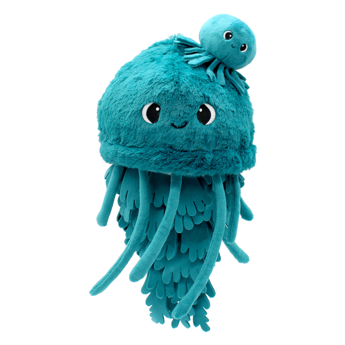 Peluche méduse Lilou maman et son bébé bleu paon - vue du bébé sur la tête de la méduse - Les Ptipotos