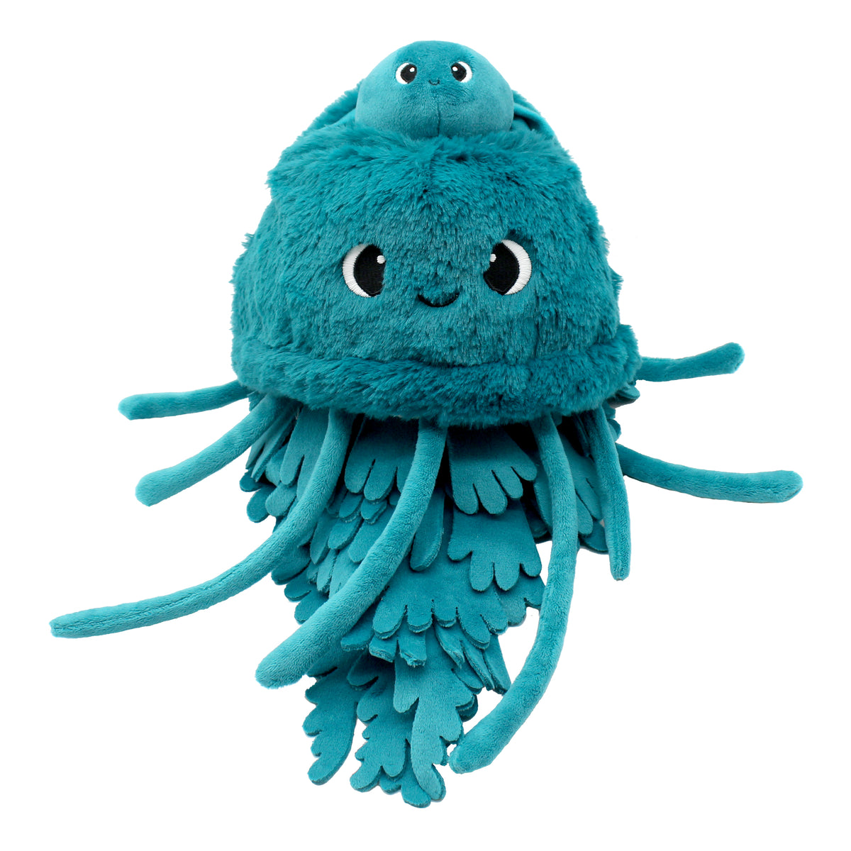 Peluche méduse Lilou maman et son bébé bleu paon - vue du bébé dans la tête de la maman méduse - Les Ptipotos