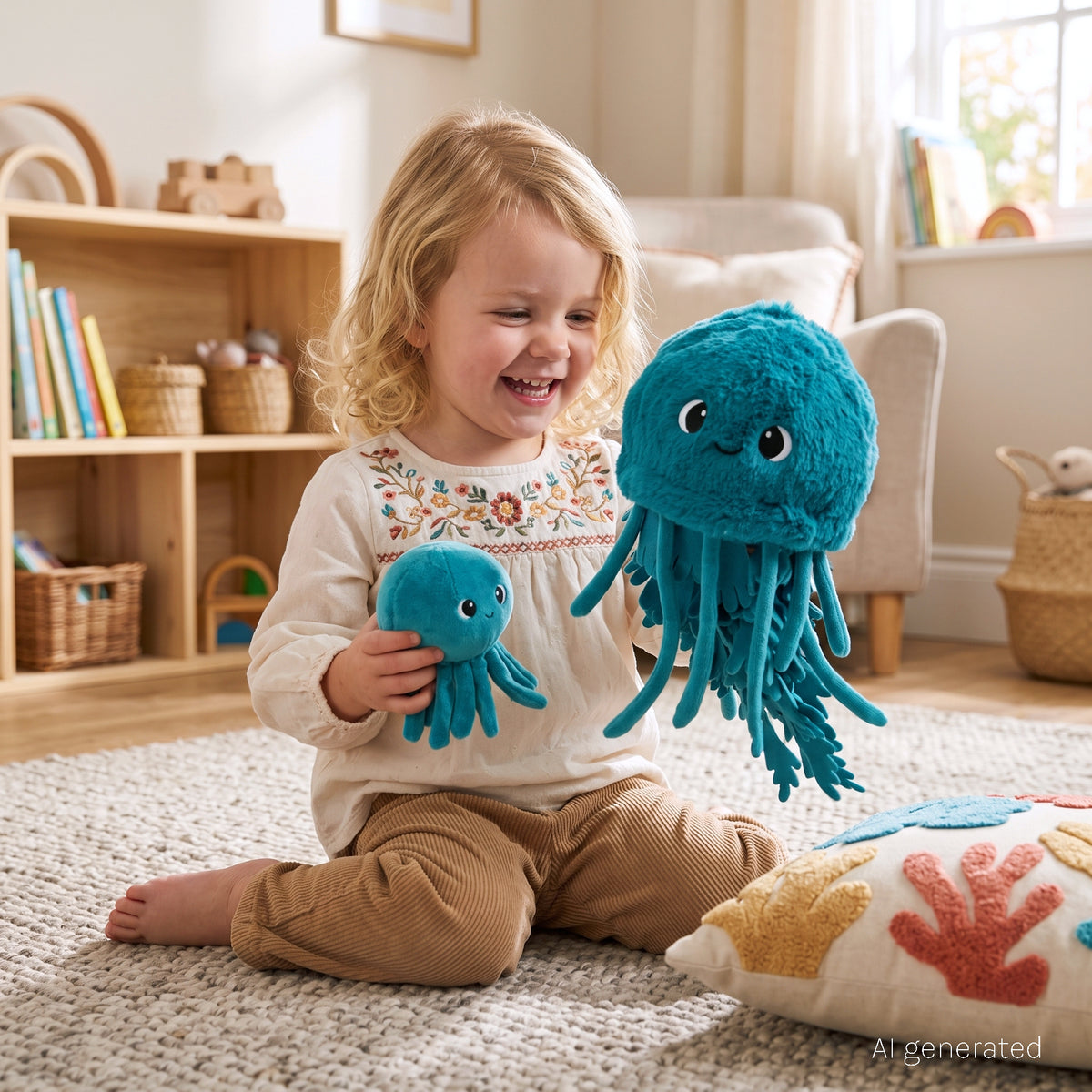 Peluche méduse Lilou maman et son bébé bleu paon - photo d'ambiance d'une petite fille jouant dans sa chambre avec la peluche méduse - Les Ptipotos