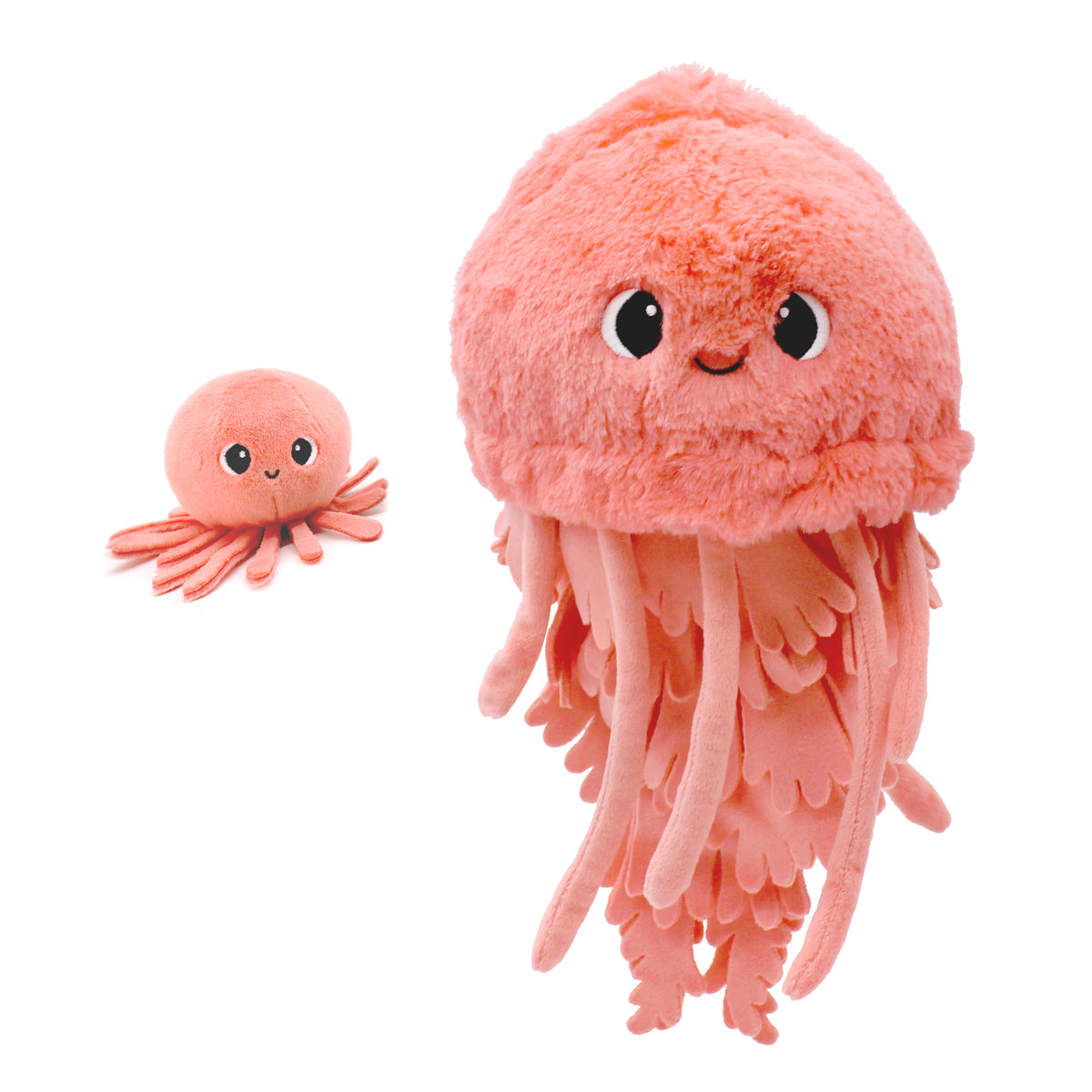 Peluche méduse Lilou maman et son bébé corail - vue de face de la maman et de son bébé - Les Ptipotos