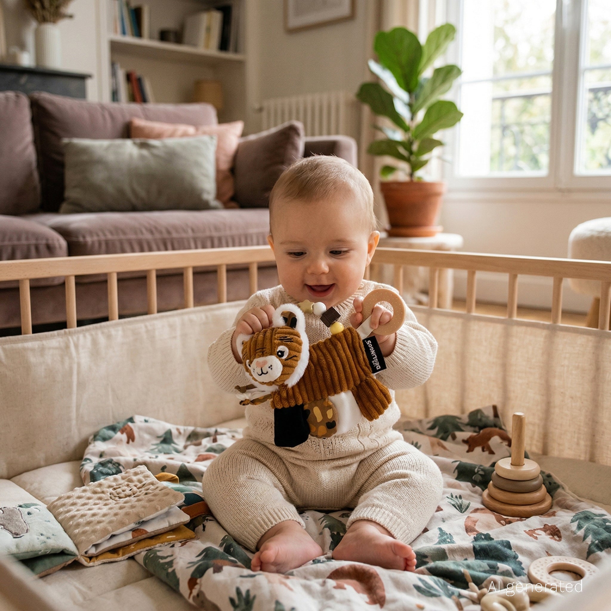 Hochet d'activités Speculos le tigre - visuel d'ambiance d'un bébé en train de jouer avec son hochet tigre dans un parc dans un salon cosy - Les Déglingos