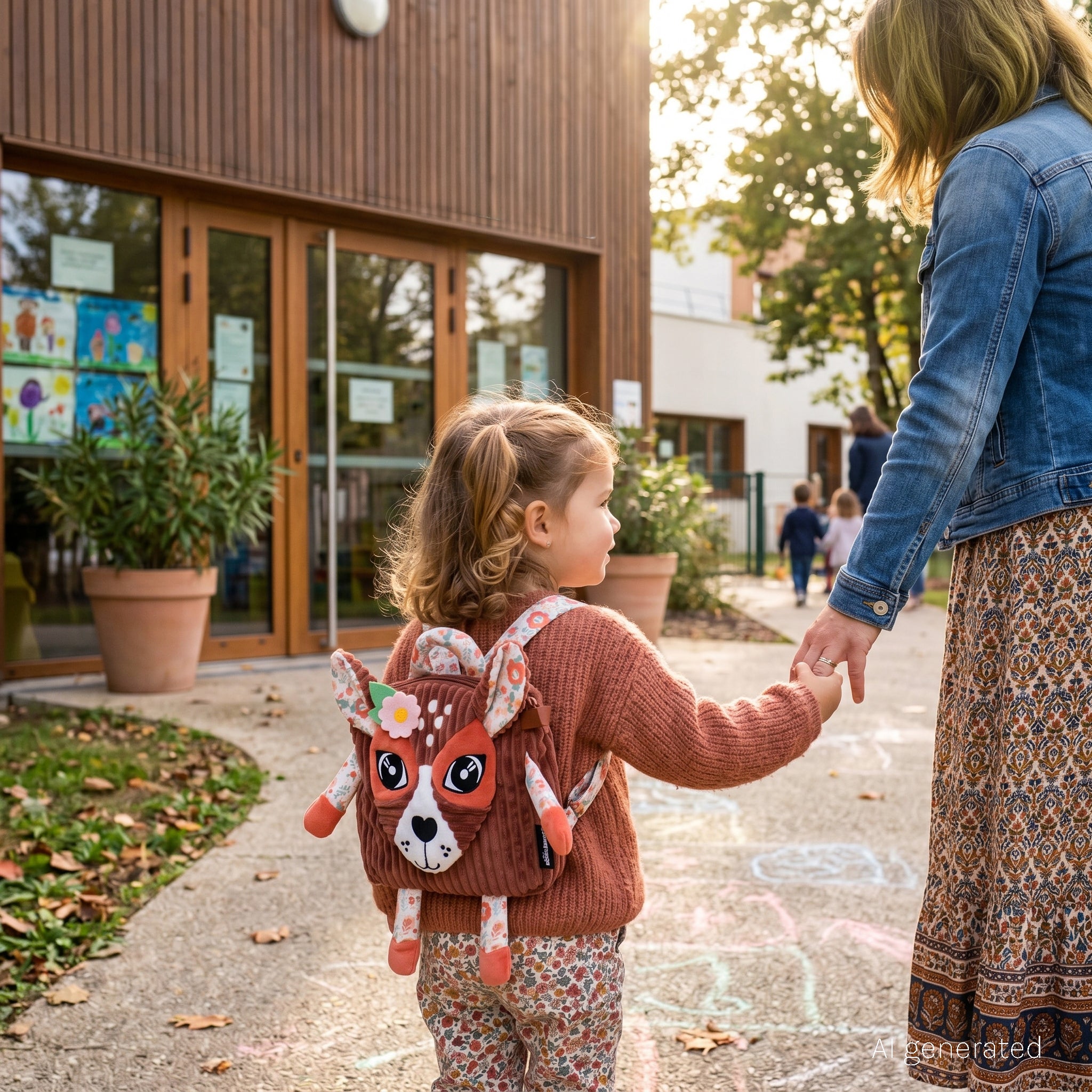 Sac à dos velours Mélimélos la biche - vue d'ambiance d'une petite fille portant le sac à dos devant une crèche avec sa maman - Les Déglingos