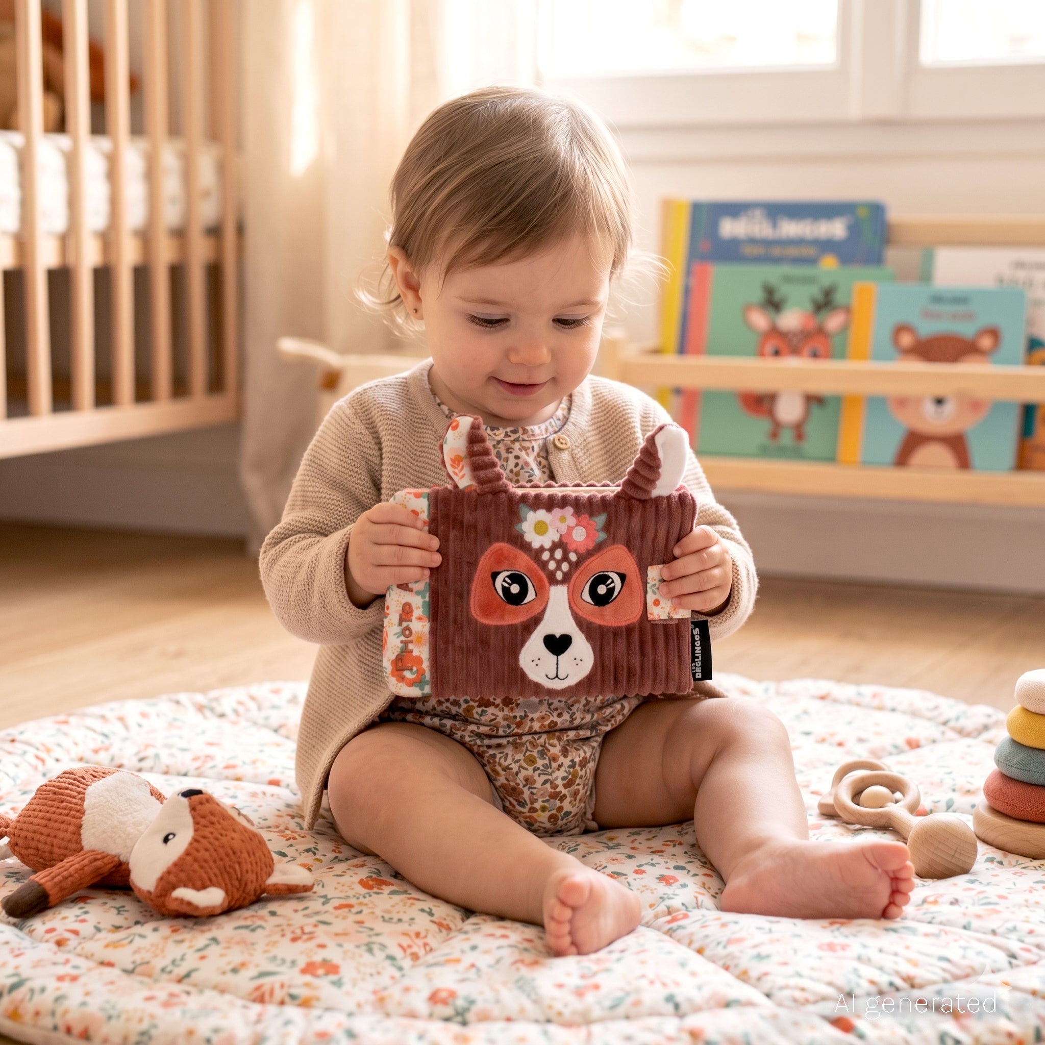 Visuel d'ambiance d'un bébé de 10 mois en train de regarder l'album photo biche dans sa chambre - Album Photo bébé en tissu Mélimélos la biche Les Déglingos
