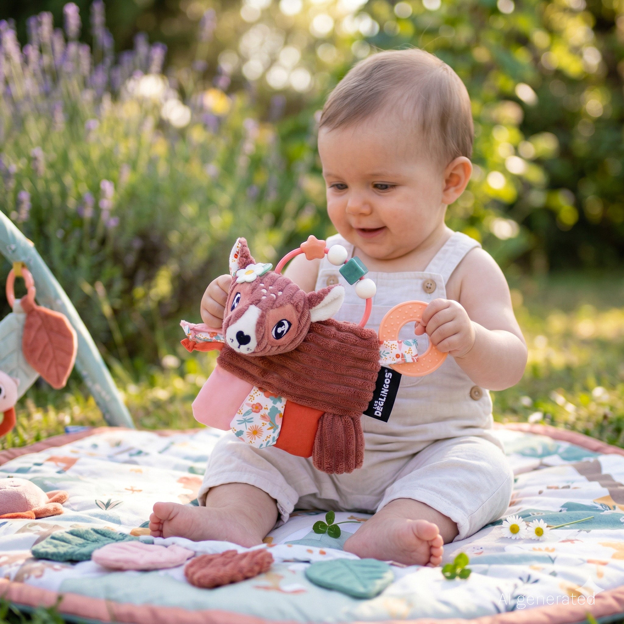 Hochet d'activités Mélimélos la biche - visuel d'ambiance d'un bébé en train de jouer avec son hochet sur un tapis d'éveil dans un jardin - Les Déglingos