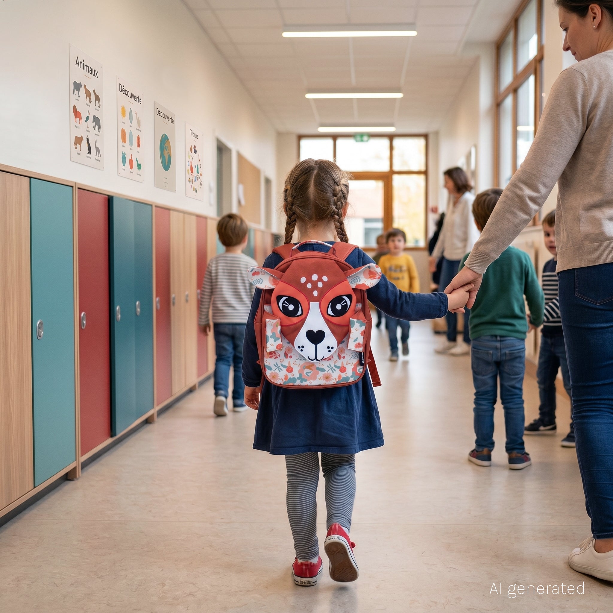 Sac à dos Mélimélos la biche - Visuel d'ambiance d'une petite fille portant le sac à dos biche et tenant la main à sa maman dans un couloir d'école maternelle - Les Déglingos