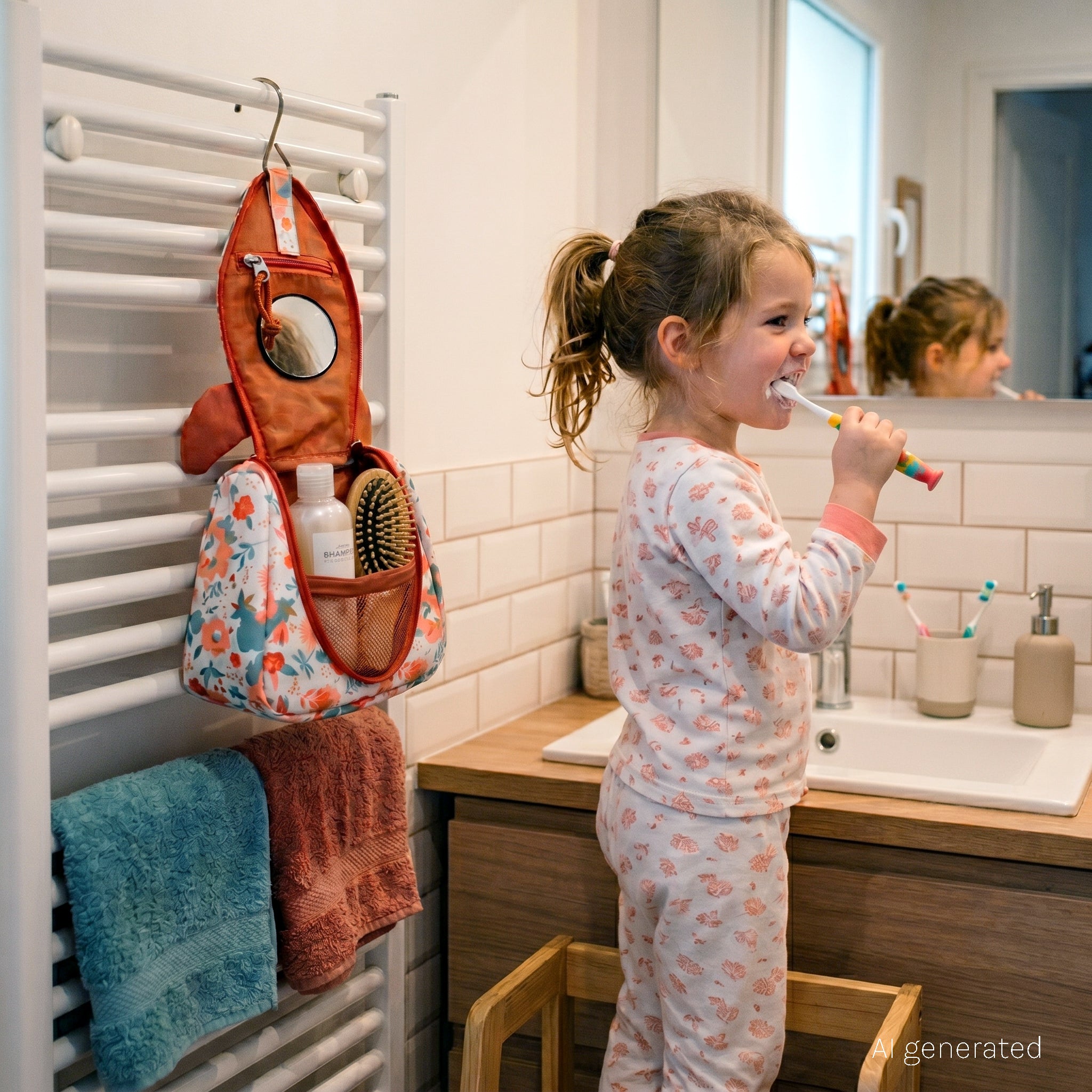 Trousse de toilette terracotta Mélimélos la biche - Visuel d'ambiance de la trousse de toilette Mélimélos la biche suspendue dans une salle de bain. Une petite fille se brosse les dents juste à côté - Les Déglingos