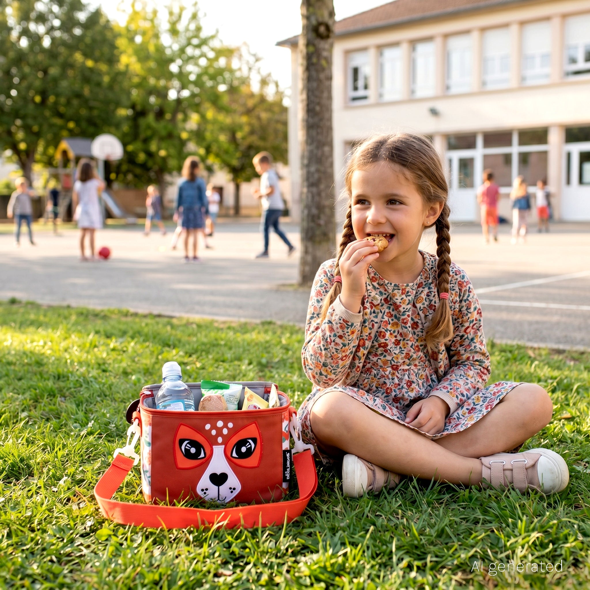 Sac isotherme lunch bag Mélimélos la biche - visuel d'ambiance d'une petite fille prenant son goûter sur l'herbe dans sa cours d'école - Les Déglingos