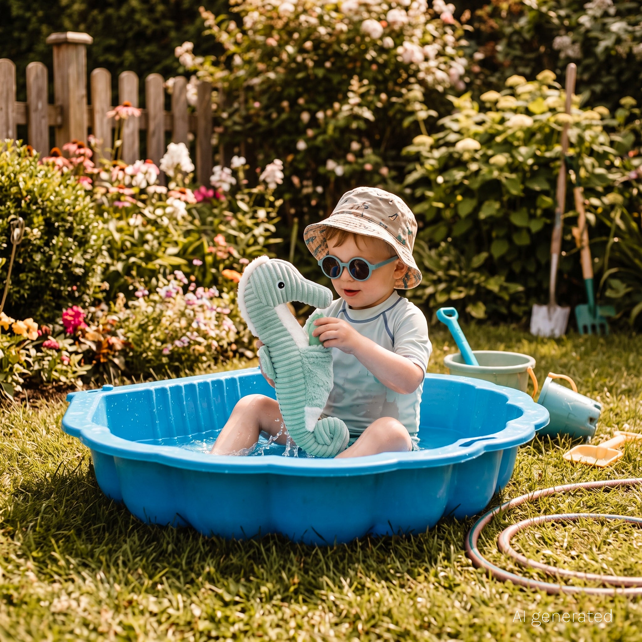 Peluche hippocampe Papadou papa et son bébé menthe - visuel d'ambiance d'un petit garçon jouant dans un bac à eau avec sa peluche dans son jardin - Les Ptipotos