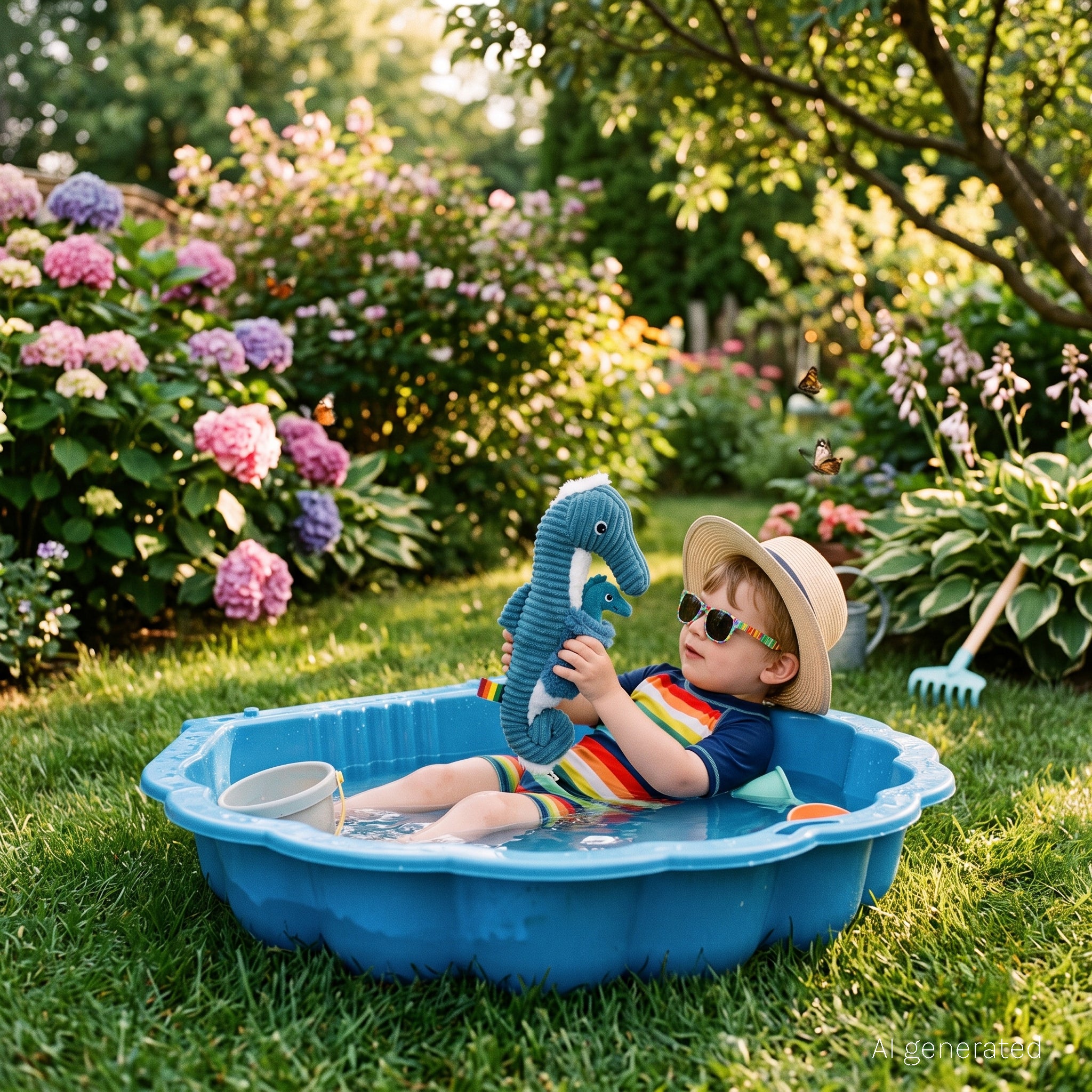 Peluche Papadou l'hippocampe papa et son bébé bleu - visuel d'ambiance d'un petit garçon jouant avec la peluche dans un bac d'eau dans son jardin - Les Ptipotos