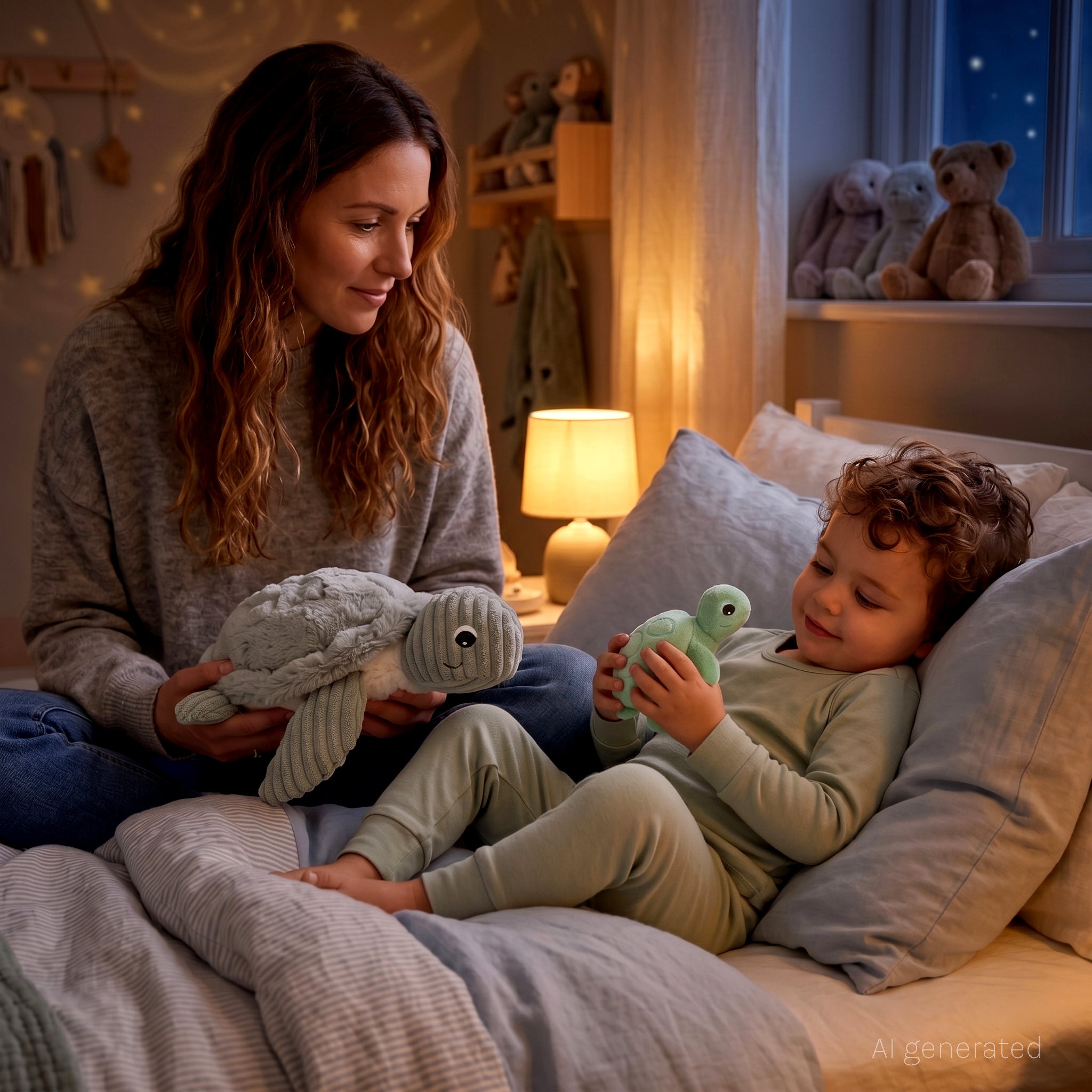 Peluche tortue Sauvenou maman et son bébé menthe - visuel d'ambiance d'un petit garçon dans son lit qui tient dans ses mains le bébé tortue et sa maman assise sur le lit à ses côtés qui tient dans ses mains la maman tortue - Les Ptipotos