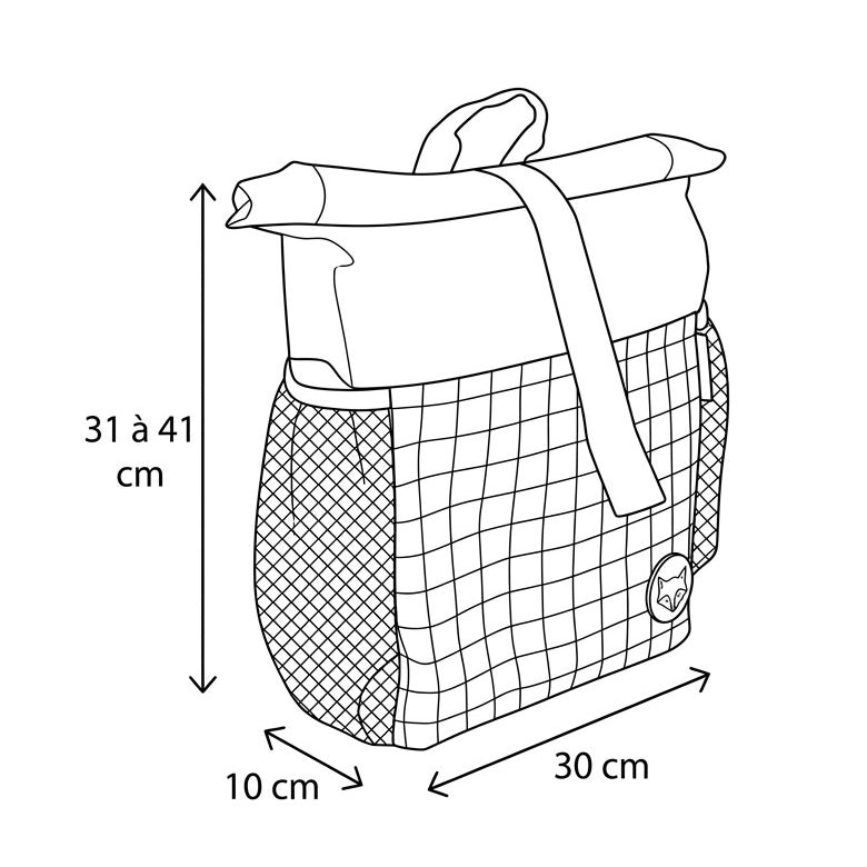 Sac à dos rolltop Les Déglingos - visuel avec dimensions évolutives du sac à dos rolltop fermé