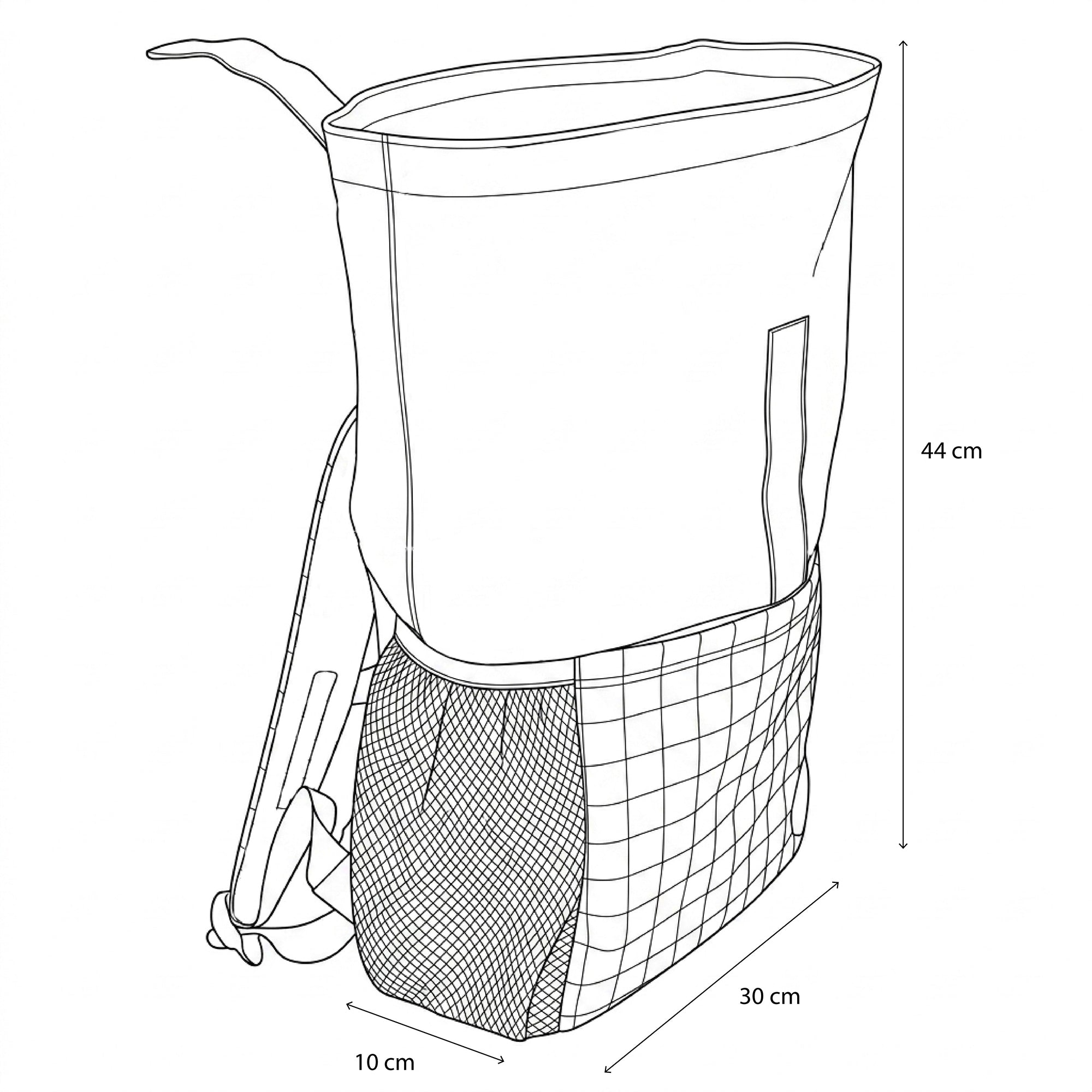 Sac à dos rolltop Les Déglingos - visuel avec dimensions du sac à dos rolltop ouvert