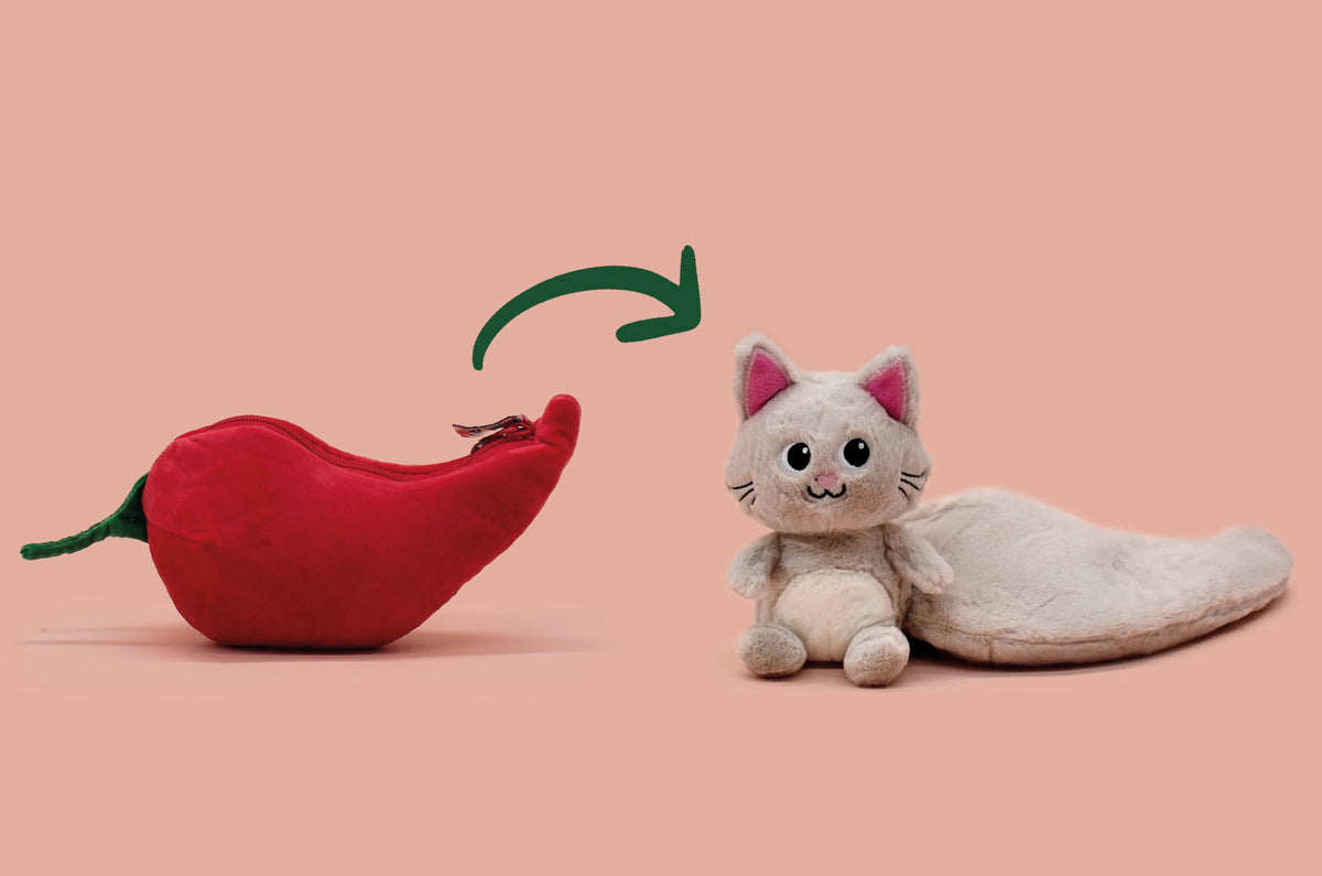 Peluche Spicet le chat/piment - Montage du piment rouge qui se transforme en chat gris 8 - Flipetz